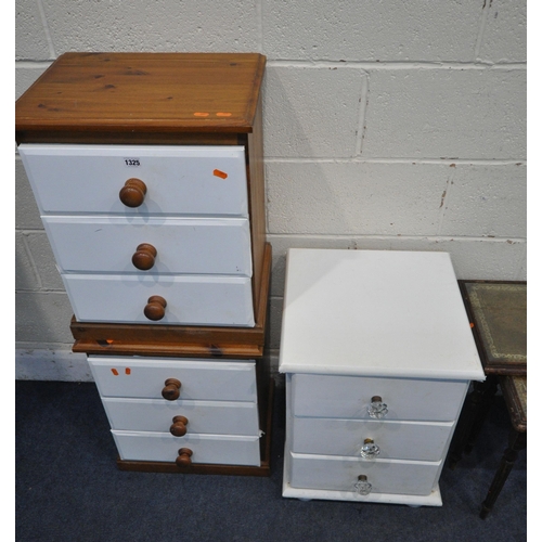 1325 - A PAIR OF PARTIALLY PAINTED PINE THREE DRAWER BEDSIDE CABINETS, a white painted three drawer bedside... 