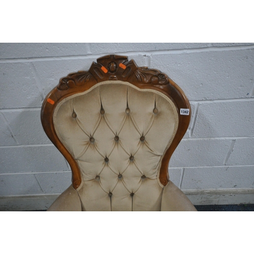 1342 - A REPRODUCTION BUTTON BACK CHAIR, with closed armrests, raised on front cabriole leg (condition repo... 