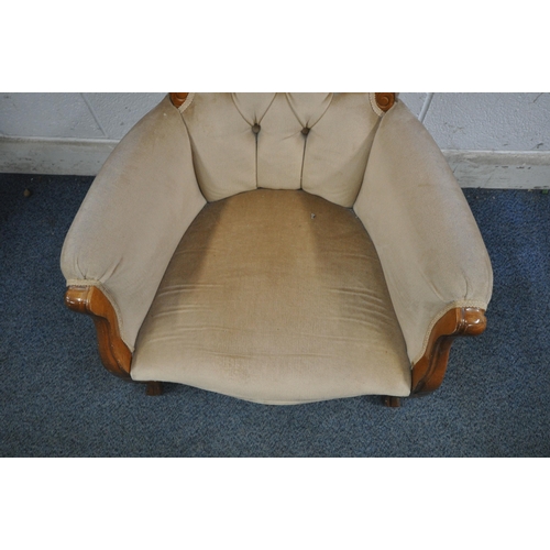 1342 - A REPRODUCTION BUTTON BACK CHAIR, with closed armrests, raised on front cabriole leg (condition repo... 