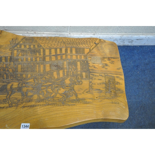 1344 - A LIVE EDGE STYLE COFFEE TABLE, with carved buildings, and a horse drawn carriage, width 99cm x dept... 