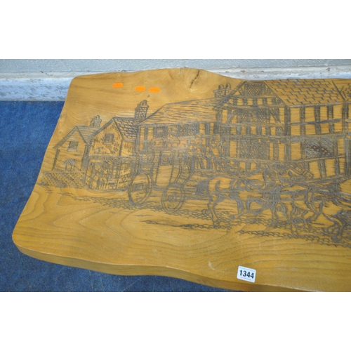 1344 - A LIVE EDGE STYLE COFFEE TABLE, with carved buildings, and a horse drawn carriage, width 99cm x dept... 