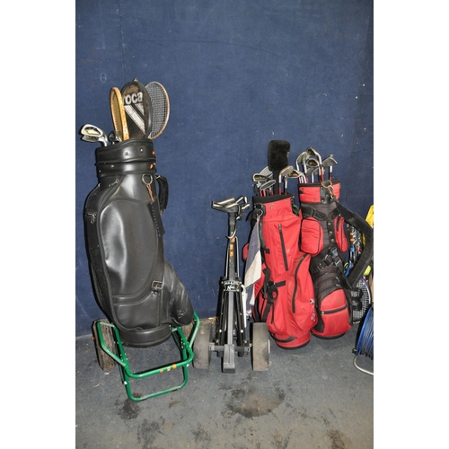 1078 - THREE GOLF BAGS AND TWO TROLLEYS WITH CLUBS by Pinseeker etc