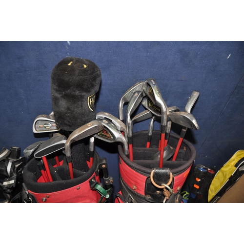 1078 - THREE GOLF BAGS AND TWO TROLLEYS WITH CLUBS by Pinseeker etc