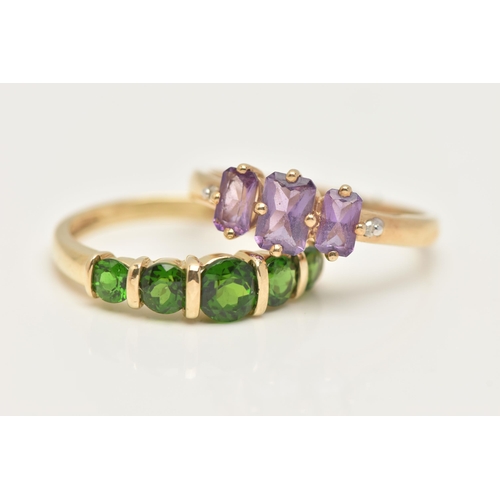 13 - TWO GEM SET RINGS, the first a three stone amethyst, prong set in yellow gold, hallmarked 9ct Birmin... 