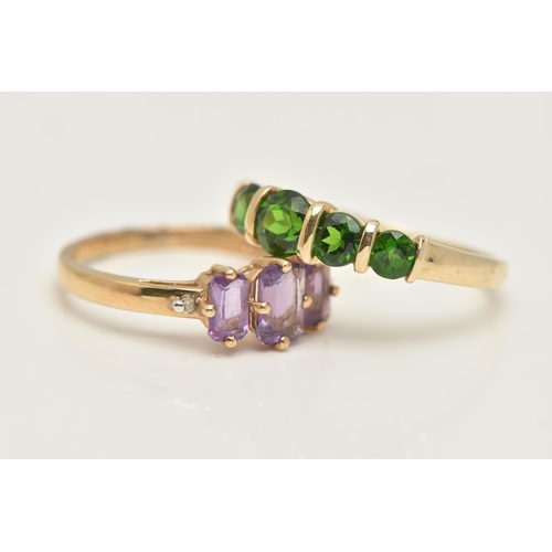 13 - TWO GEM SET RINGS, the first a three stone amethyst, prong set in yellow gold, hallmarked 9ct Birmin... 