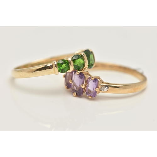 13 - TWO GEM SET RINGS, the first a three stone amethyst, prong set in yellow gold, hallmarked 9ct Birmin... 