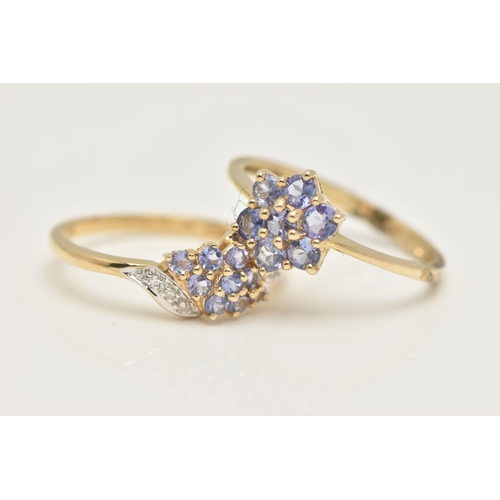 14 - TWO GEM SET RINGS, two cluster rings set with circular cut tanzanite, both hallmarked 9ct Birmingham... 