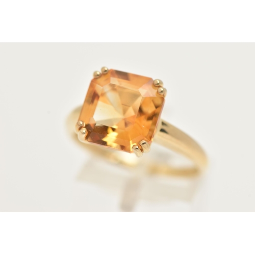 16 - A 9CT SINGLE STONE RING, a square cut Citrine, prong set in yellow gold, hallmarked 9ct Birmingham, ... 