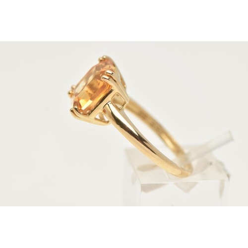 16 - A 9CT SINGLE STONE RING, a square cut Citrine, prong set in yellow gold, hallmarked 9ct Birmingham, ... 