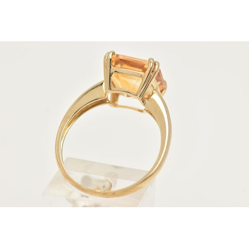 16 - A 9CT SINGLE STONE RING, a square cut Citrine, prong set in yellow gold, hallmarked 9ct Birmingham, ... 