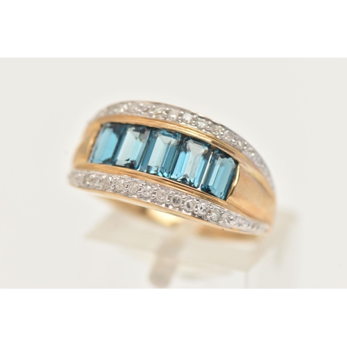 17 - A 9CT GEM SET RING, five blue rectangular stones channel set, with cubic zirconia set to the edges, ... 