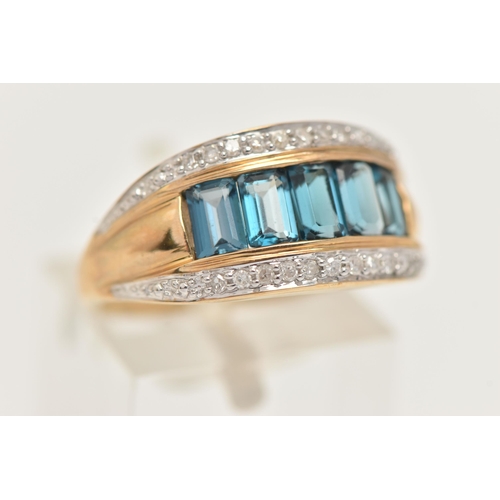 17 - A 9CT GEM SET RING, five blue rectangular stones channel set, with cubic zirconia set to the edges, ... 