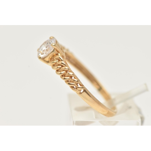 19 - A 14CT GOLD SINGLE STONE RING, a circular cut cubic zirconia, prong set in yellow gold, curb chain l... 