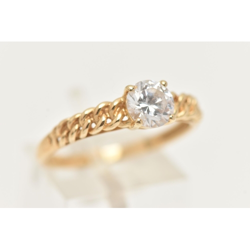 19 - A 14CT GOLD SINGLE STONE RING, a circular cut cubic zirconia, prong set in yellow gold, curb chain l... 