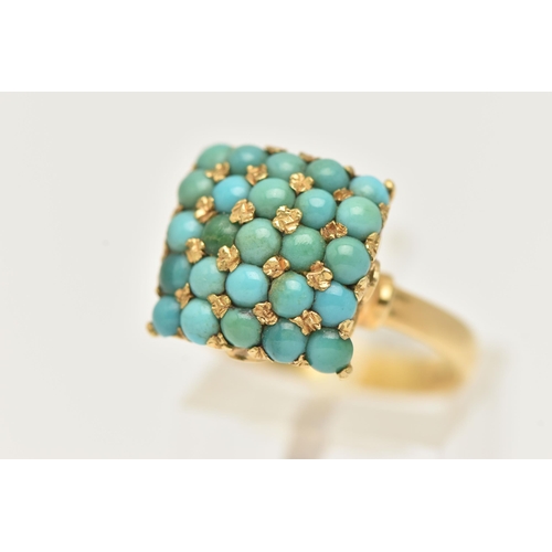 2 - A TURQUOISE CLUSTER RING, a yellow metal raised square form mount set with twenty five circular form... 