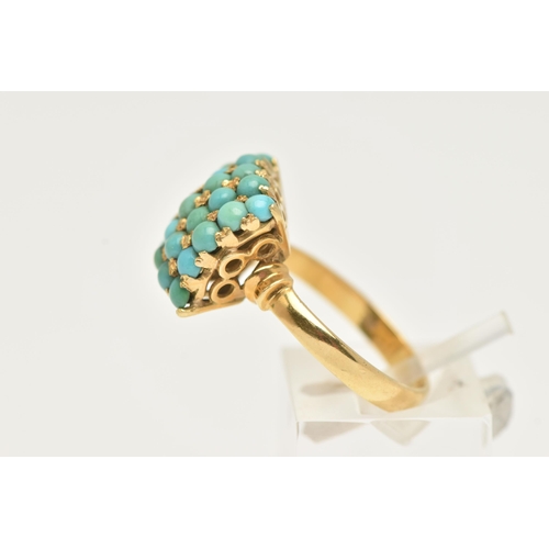 2 - A TURQUOISE CLUSTER RING, a yellow metal raised square form mount set with twenty five circular form... 