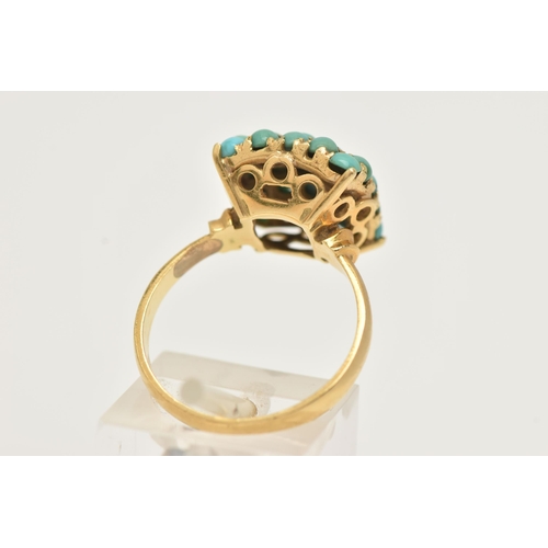 2 - A TURQUOISE CLUSTER RING, a yellow metal raised square form mount set with twenty five circular form... 