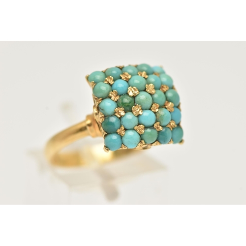 2 - A TURQUOISE CLUSTER RING, a yellow metal raised square form mount set with twenty five circular form... 