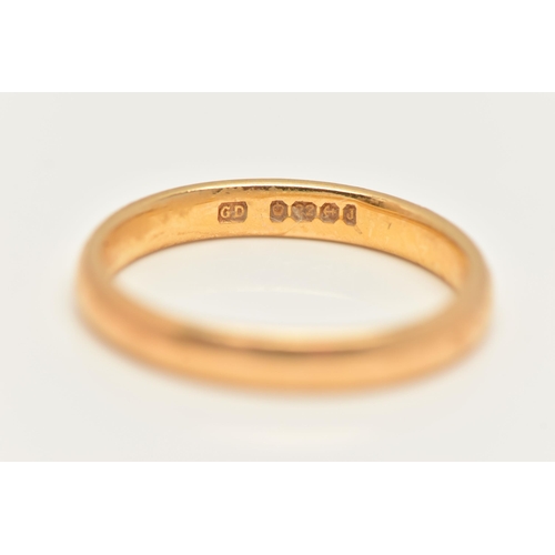 22 - A 22CT GOLD BAND RING, a plain polished band, approximate width 2.9mm, hallmarked 22ct Birmingham, a... 