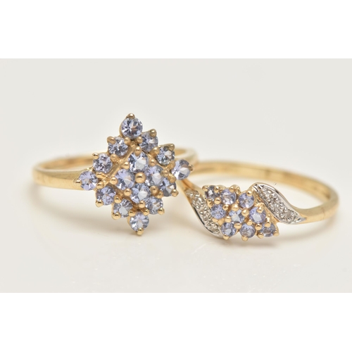 33 - TWO 9CT GOLD GEM SET RINGS, two yellow gold cluster rings, set with circular cut tanzanite stones, h... 