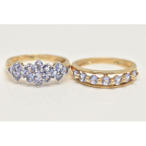 34 - TWO 9CT GOLD GEM SET RINGS, two yellow gold cluster rings, set with circular cut tanzanite stones, h... 