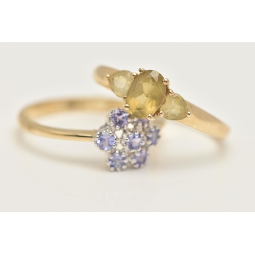 36 - TWO 9CT GOLD GEM SET RINGS, a three stone ring and a floral cluster ring, yellow gold shanks, both h... 