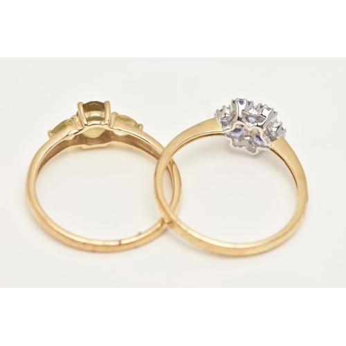 36 - TWO 9CT GOLD GEM SET RINGS, a three stone ring and a floral cluster ring, yellow gold shanks, both h... 