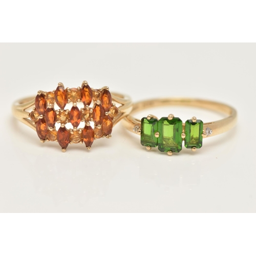 39 - TWO 9CT GOLD GEM SET RINGS, a three green stone ring prong set in yellow gold, an orange and yellow ... 