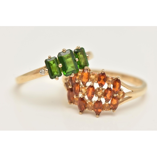 39 - TWO 9CT GOLD GEM SET RINGS, a three green stone ring prong set in yellow gold, an orange and yellow ... 