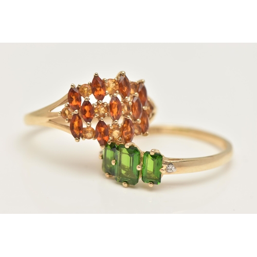 39 - TWO 9CT GOLD GEM SET RINGS, a three green stone ring prong set in yellow gold, an orange and yellow ... 