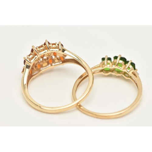 39 - TWO 9CT GOLD GEM SET RINGS, a three green stone ring prong set in yellow gold, an orange and yellow ... 