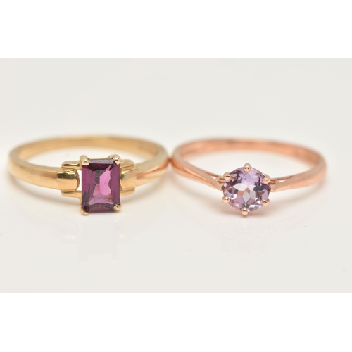 40 - TWO 9CT GOLD GEM SET RINGS, a yellow gold ring set with a single rectangular cut stone, a rose gold ... 