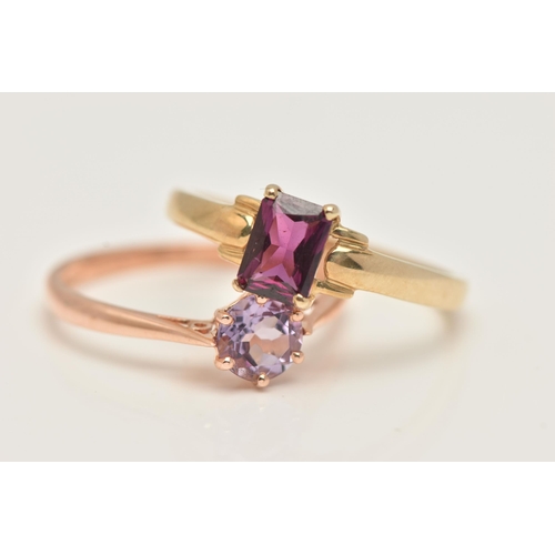 40 - TWO 9CT GOLD GEM SET RINGS, a yellow gold ring set with a single rectangular cut stone, a rose gold ... 