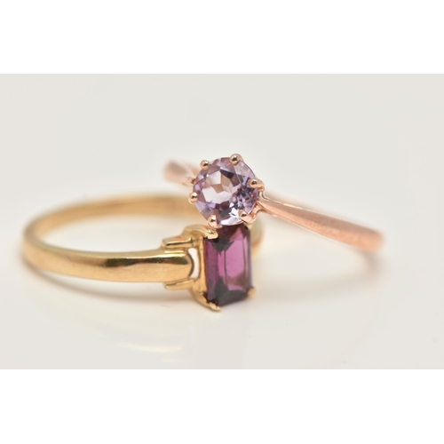 40 - TWO 9CT GOLD GEM SET RINGS, a yellow gold ring set with a single rectangular cut stone, a rose gold ... 