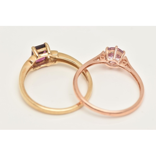 40 - TWO 9CT GOLD GEM SET RINGS, a yellow gold ring set with a single rectangular cut stone, a rose gold ... 