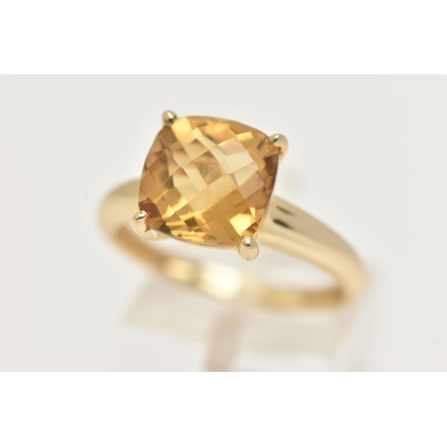 42 - A 9CT GOLD GEM SET RING, a fancy cut citrine, prong set in yellow gold, hallmarked 9ct Birmingham Q ... 