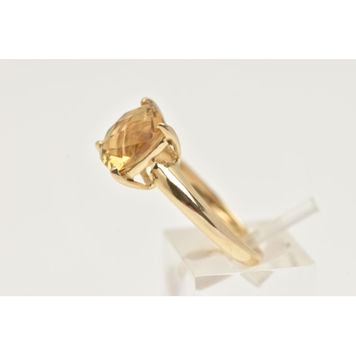 42 - A 9CT GOLD GEM SET RING, a fancy cut citrine, prong set in yellow gold, hallmarked 9ct Birmingham Q ... 