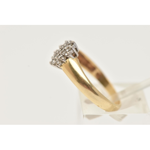 43 - AN 18CT GOLD DIAMOND CLUSTER RING, nineteen round brilliant cut diamonds, prong set, leading on to a... 