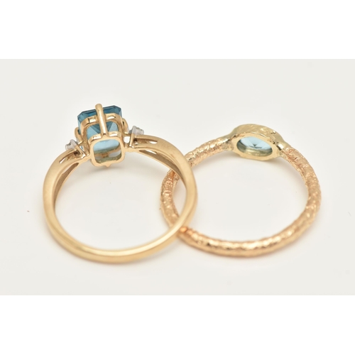 44 - TWO 9CT GOLD GEM SET RINGS, the first a rectangular cut blue topaz, flanked with two round brilliant... 