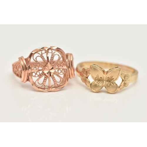 46 - TWO 9CT GOLD RINGS, the first a yellow gold butterfly design ring, the second a rose gold filigree d... 