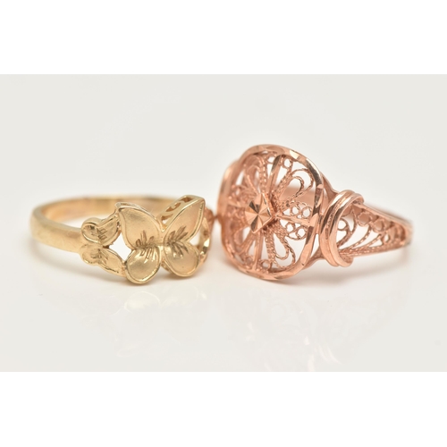 46 - TWO 9CT GOLD RINGS, the first a yellow gold butterfly design ring, the second a rose gold filigree d... 