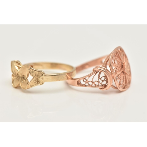 46 - TWO 9CT GOLD RINGS, the first a yellow gold butterfly design ring, the second a rose gold filigree d... 