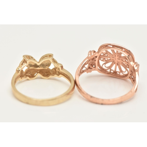 46 - TWO 9CT GOLD RINGS, the first a yellow gold butterfly design ring, the second a rose gold filigree d... 