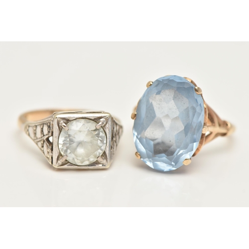 5 - TWO GEM SET RINGS, the first a yellow gold mount, set with an oval cut blue topaz, six prong setting... 