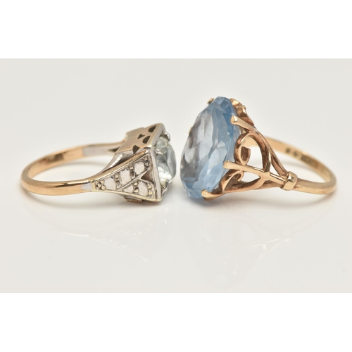 5 - TWO GEM SET RINGS, the first a yellow gold mount, set with an oval cut blue topaz, six prong setting... 