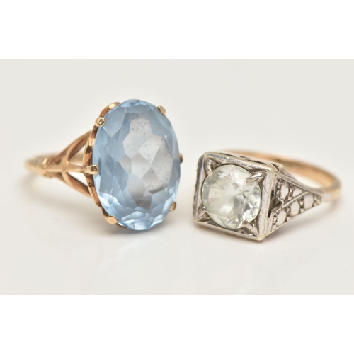 5 - TWO GEM SET RINGS, the first a yellow gold mount, set with an oval cut blue topaz, six prong setting... 