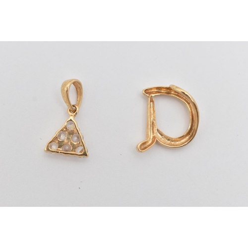 50 - TWO YELLOW METAL PENDANTS, the first a triangular form pendant, set with five circular cut cubic zir... 