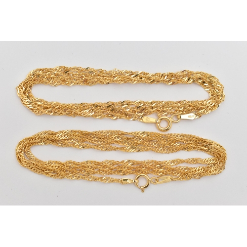 51 - TWO 14CT GOLD CHAIN NECKLACES, matching yellow gold Singapore chains, fitted with spring clasps, app... 