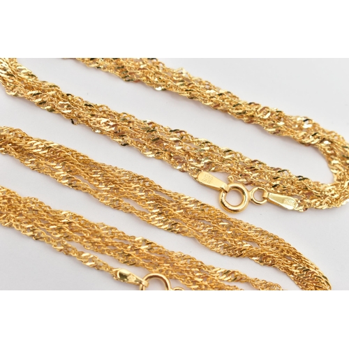 51 - TWO 14CT GOLD CHAIN NECKLACES, matching yellow gold Singapore chains, fitted with spring clasps, app... 