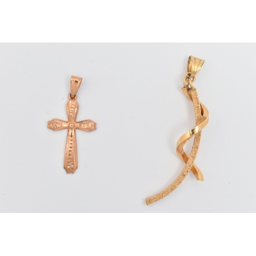 54 - TWO 9CT GOLD PENDANTS, the first a rose gold cross pendant, approximate length including bail 32mm, ... 